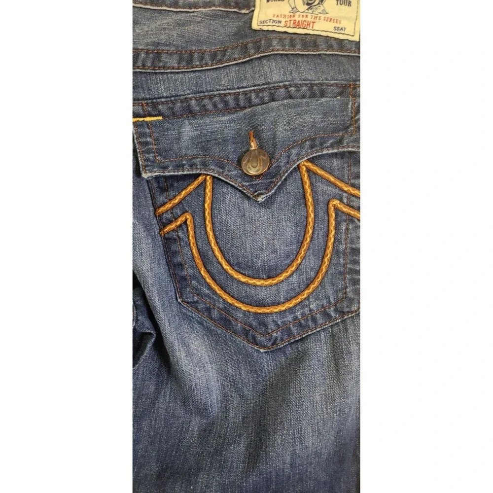 True Religion Jeans Blue Made in USA Size 40 Heavy Brown Stitching Y2K